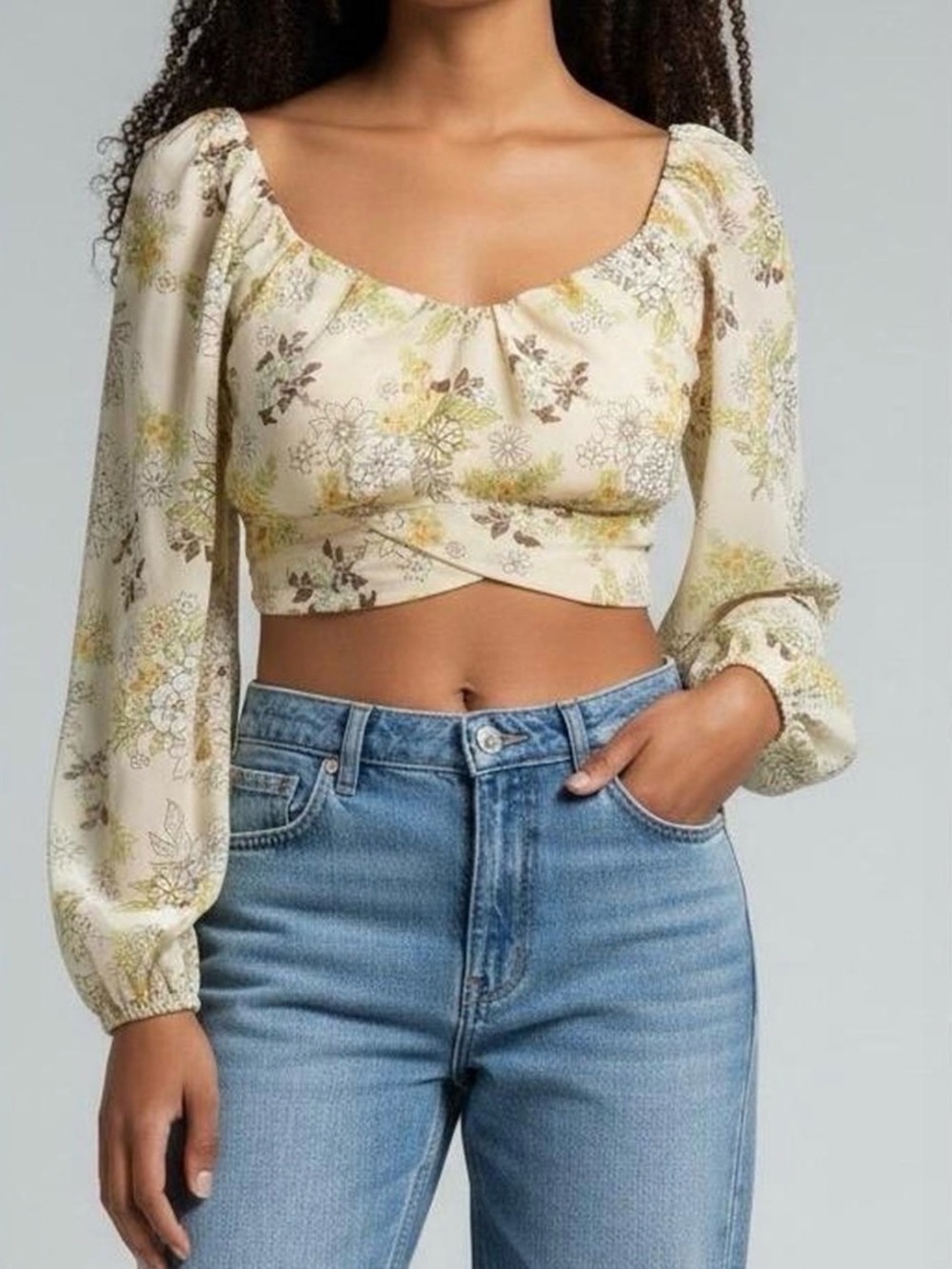 Steve Madden Cream Floral Square-Neck Crop Top Open Tie Back Long Sleeve Boho